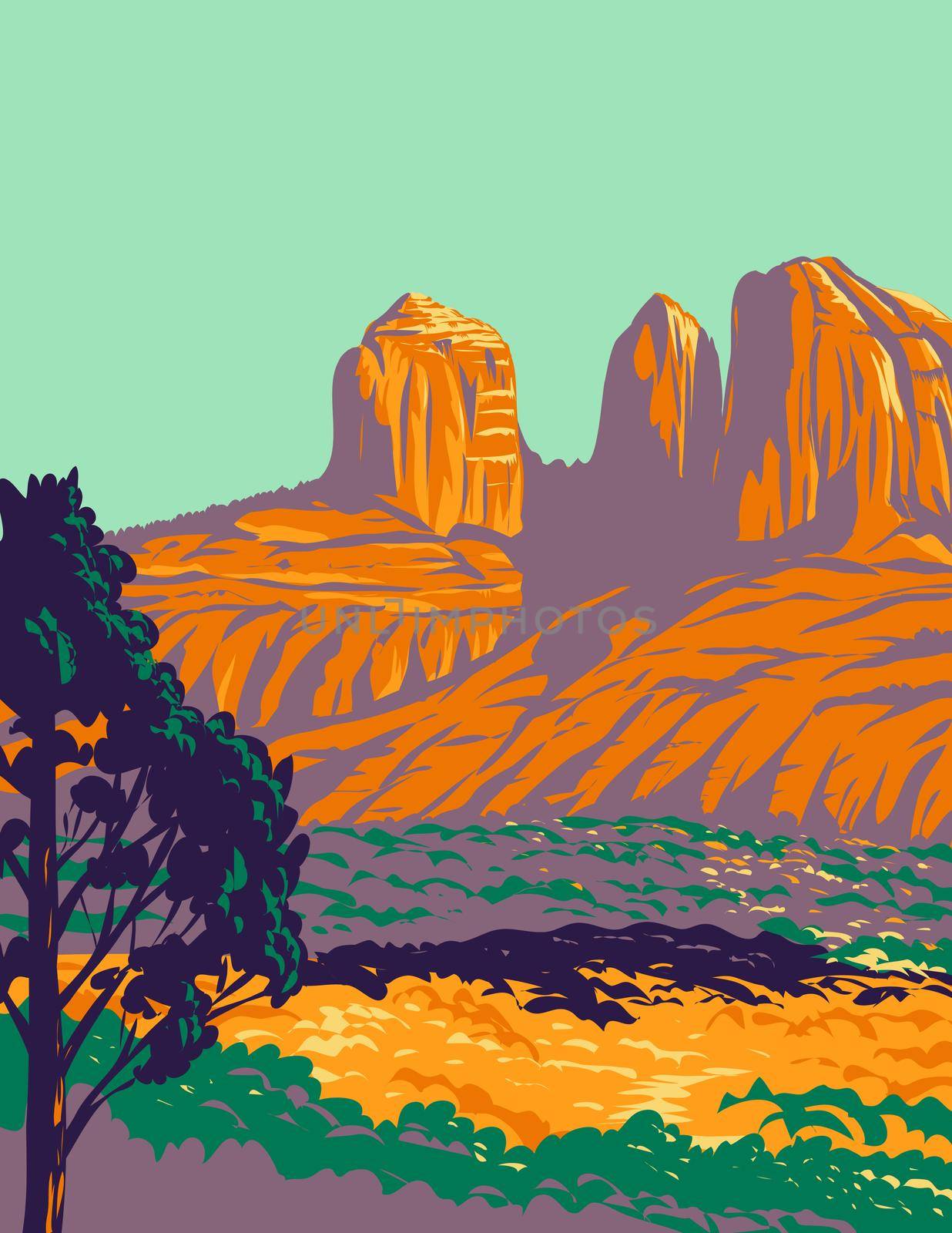 WPA poster art of Red Rock State Park with red sandstone canyon outside the city of Sedona,  Arizona, United States USA done in works project administration style.