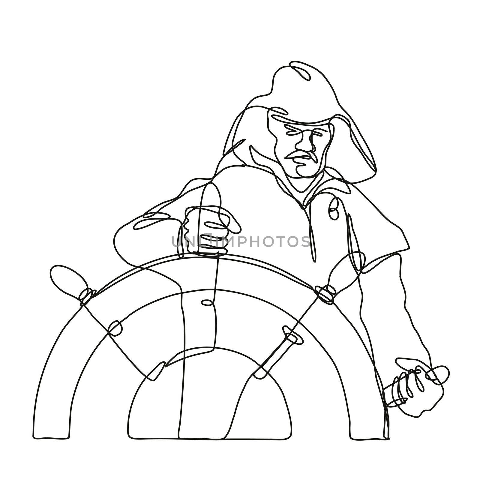 Skipper Fisherman Helmsman or Ship Captain at the Helm Front View Continuous Line Drawing  by patrimonio