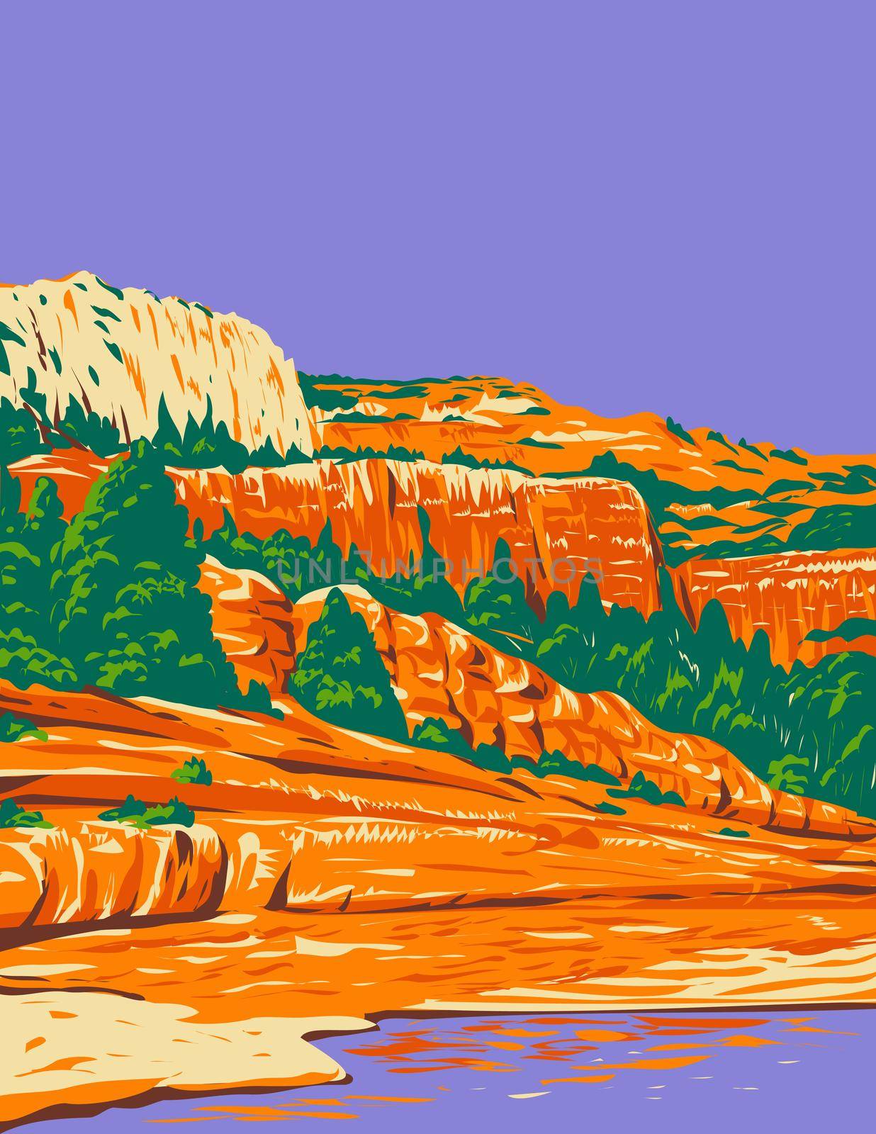 WPA poster art of Slide Rock State Park located in Oak Creek Canyon in Sedona, Arizona, United States of America USA done in works project administration style.
