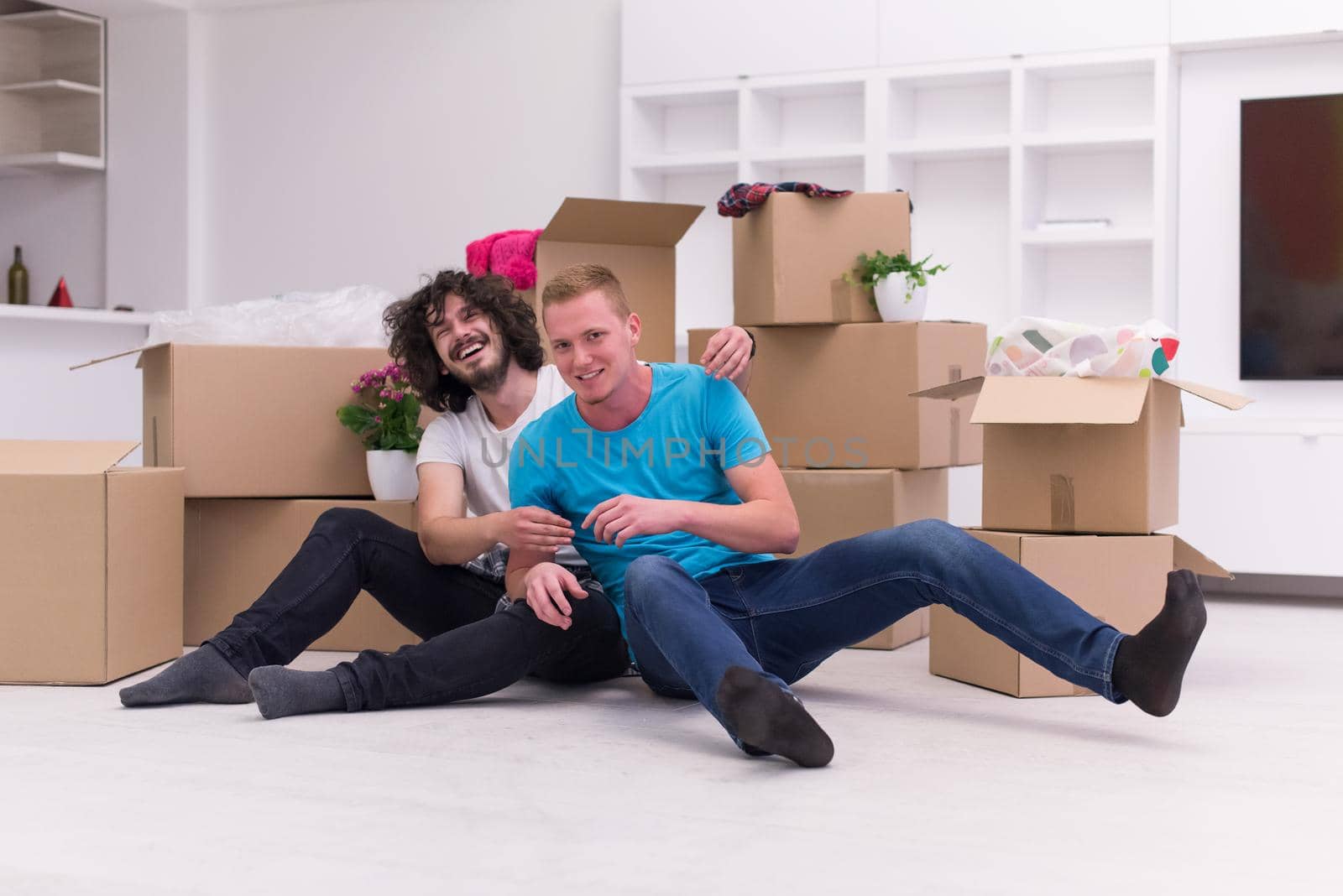 young  gay couple moving  in new house by dotshock