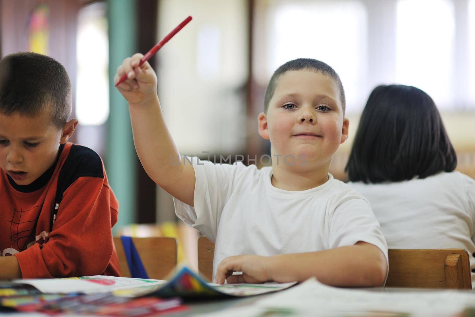 happy child kids group have fun and play at kindergarden indoor preschool education concept with  teacher