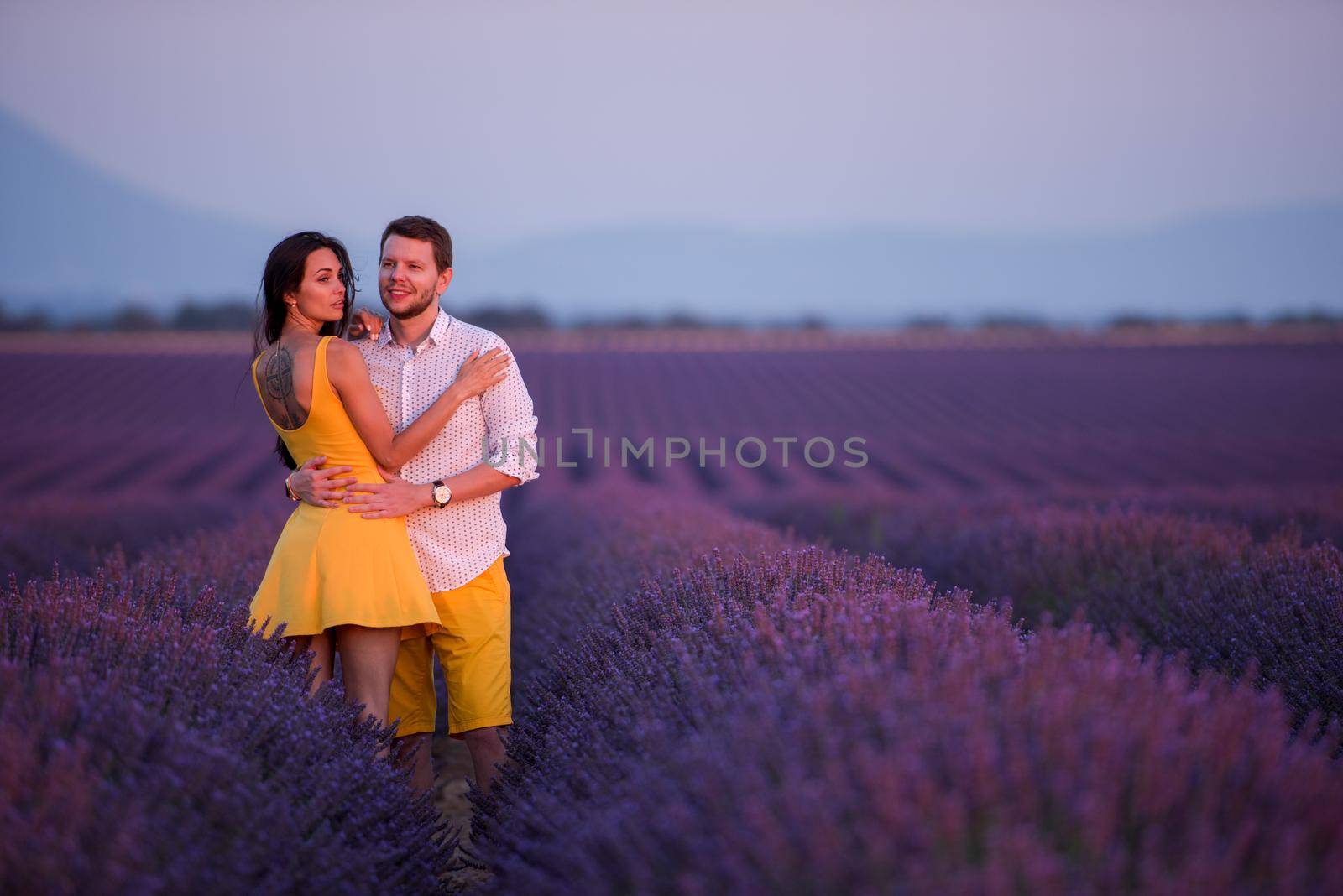 young loving couple having romantic time hugging and kissing on purple lavender flower field in sunset