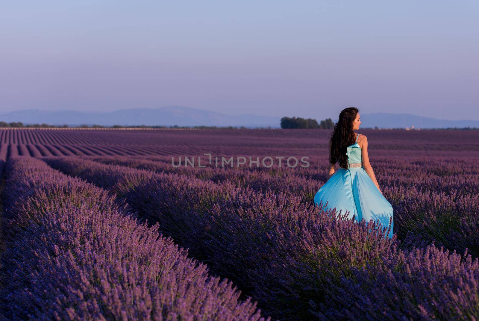 beautiful young woman in cyand dress relaxing and having fun on wind in purple lavander flower field