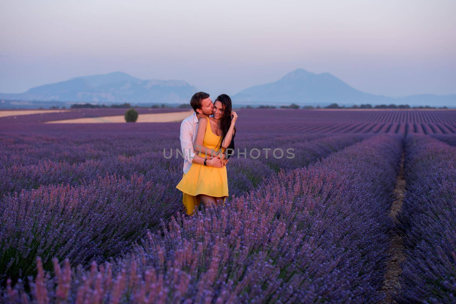 young loving couple having romantic time hugging and kissing on purple lavender flower field in sunset