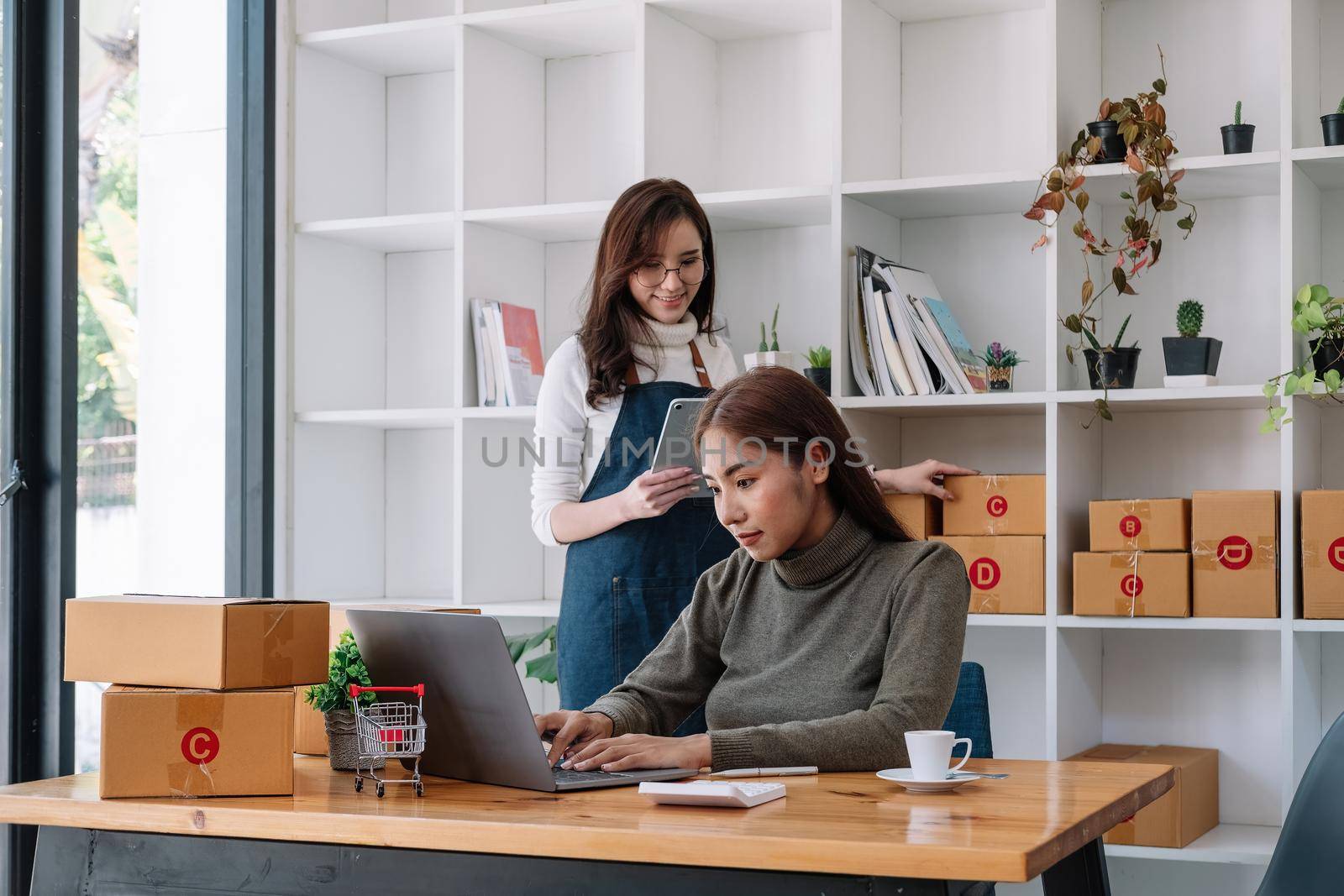 Two asian woman working together for SME project. Young Owner people startup for Business Online, SME, Delivery Project. Online Business Concept.