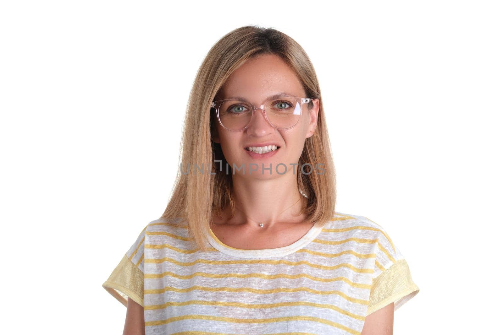 Young smiling woman with glasses on white background by kuprevich