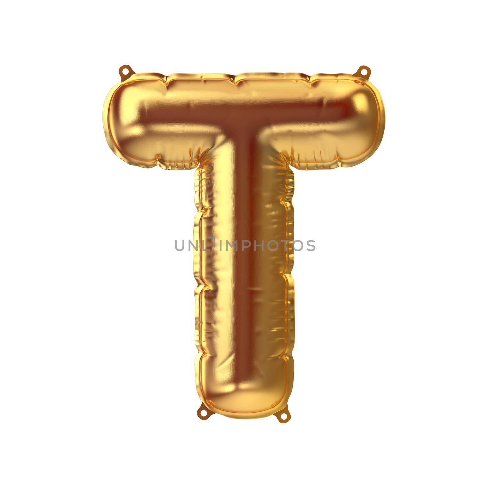3D Render of Golden inflatable foil balloon letter T. Party decoration element. Yellow character isolated on white background. New year celebration postcard part. Graphic element sign for web design