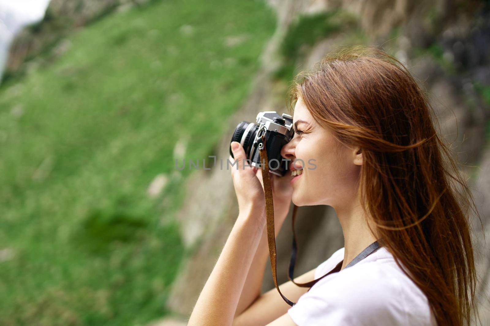 Woman tourist mountains travel landscape nature vacation. High quality photo