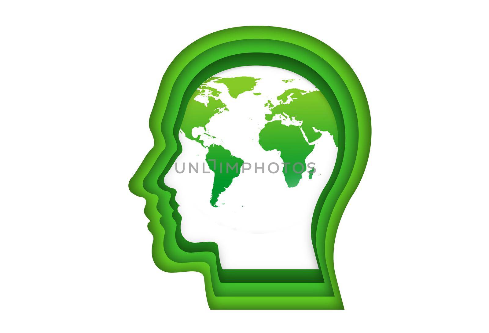 Green globe in green human head. illustration.