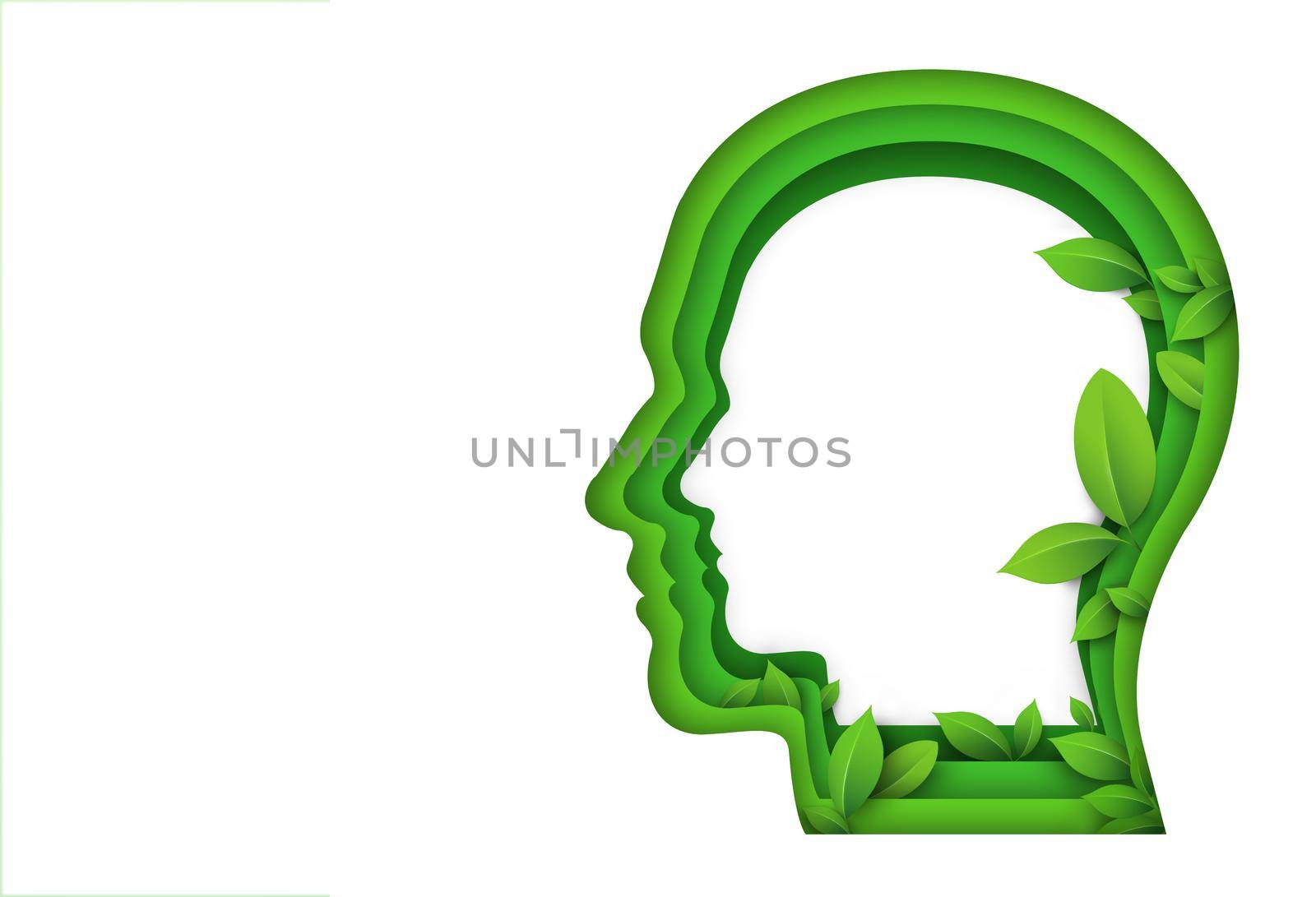 Green leaves in green human head. illustration.