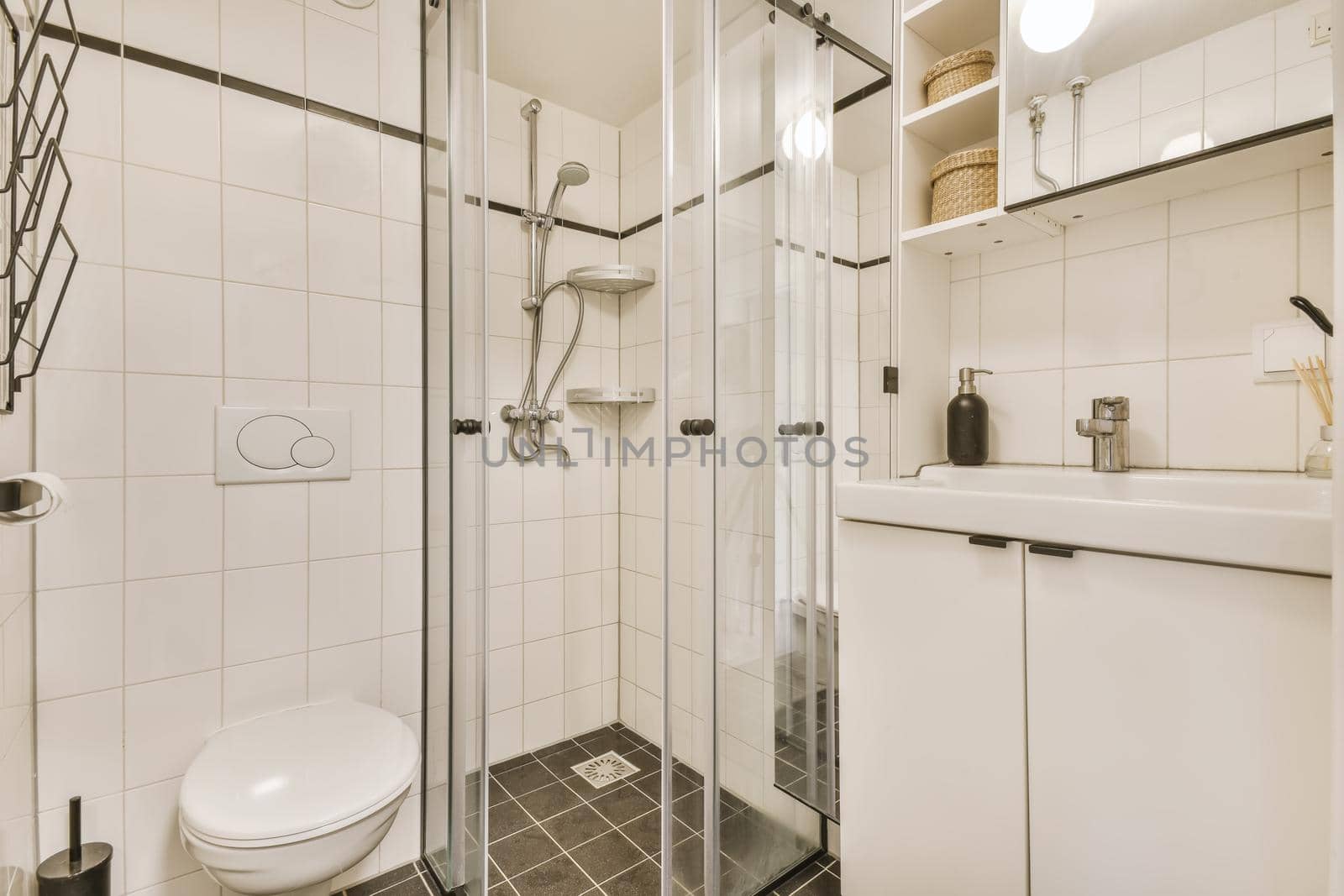 Cozy bathroom with shower and shelves with boxes