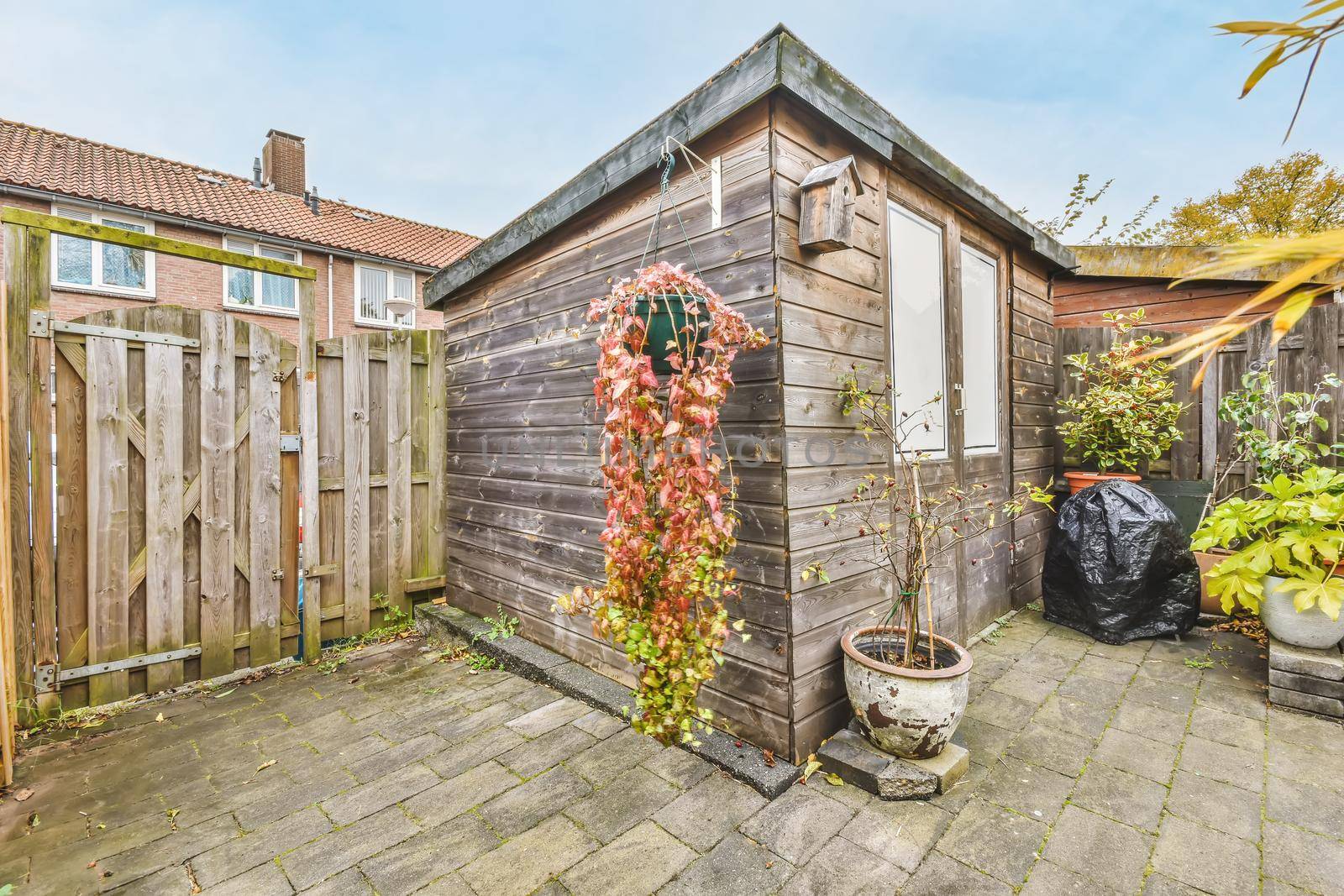 Cozy courtyard of a house with a wooden gate