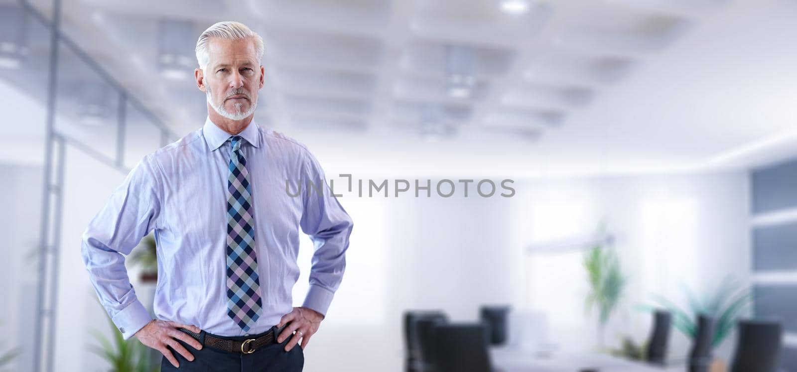 Portrait of senior businessman in front of his modern office