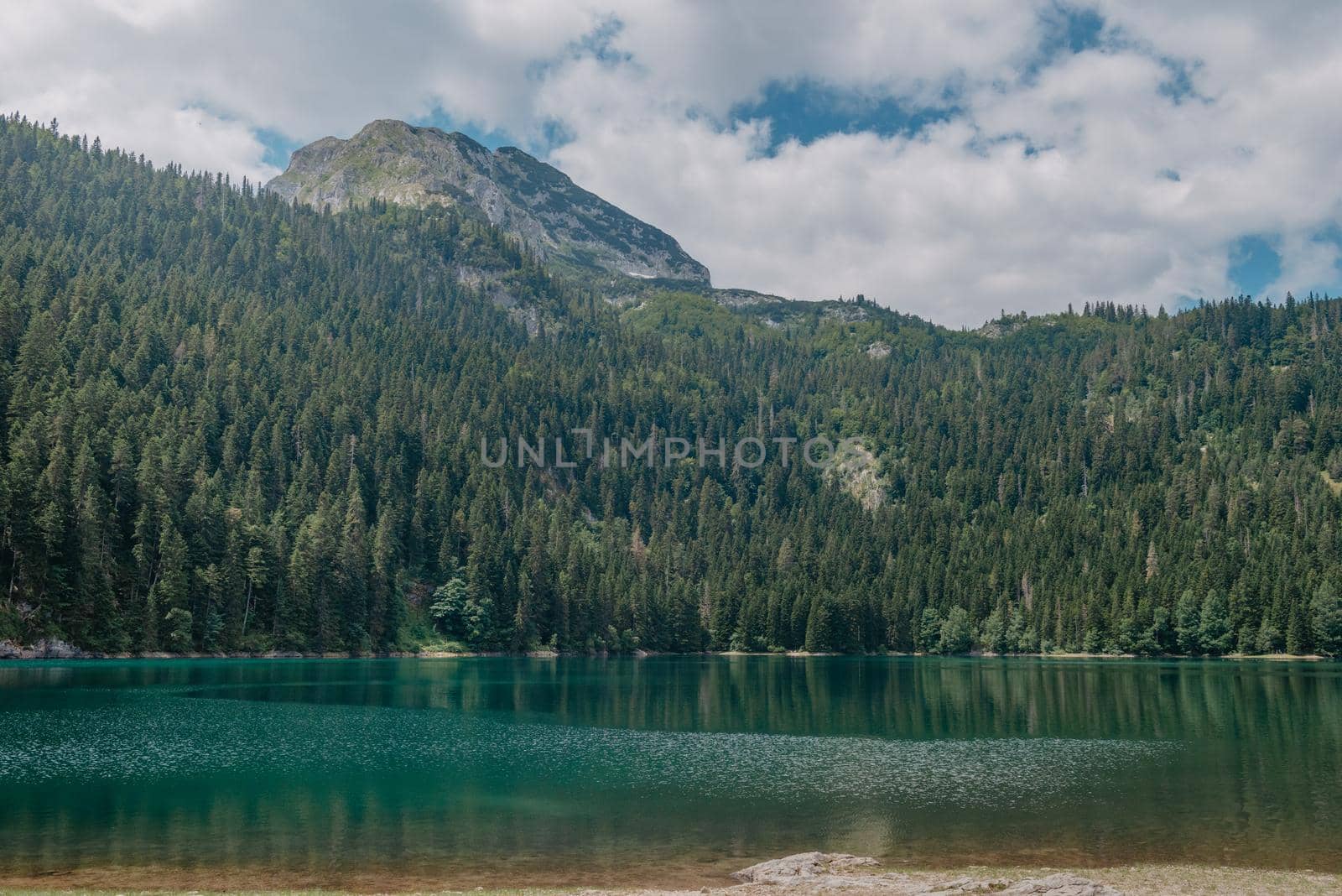 Beautiful view of emerald lake. Clear turquoise water reflect the snow-capped mountain, tall pine trees that line the shore and white clouds in a blue sky. by Andrii_Ko