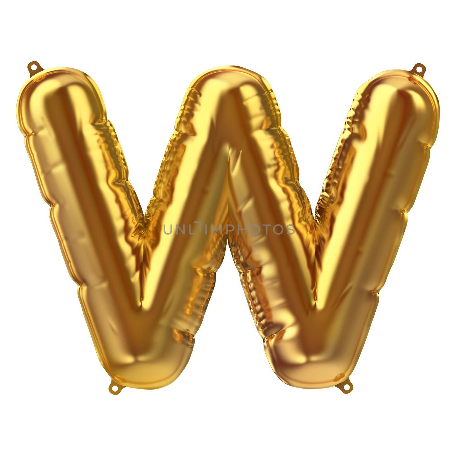 3D Render of Golden inflatable foil balloon letter W. Party decoration element. Yellow character isolated on white background. New year celebration postcard part. Graphic element sign for web design