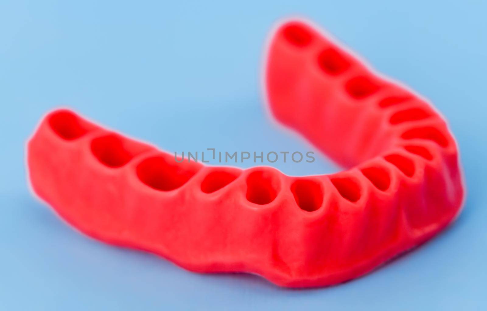 human gums without teeth model medical illustration isolated on blue background. Healthy teeth, dental care and orthodontic concept