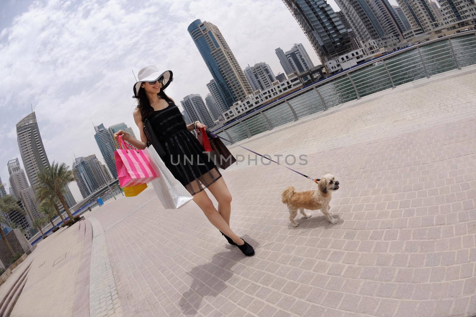 beautiful woman goes in shopping in the city