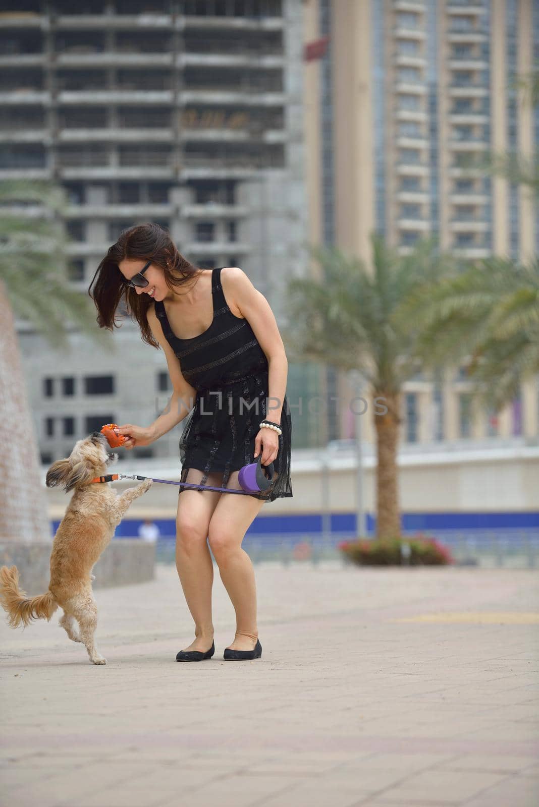 beautiful happy young  woman in black dress with cute small dog puppy have fun on street