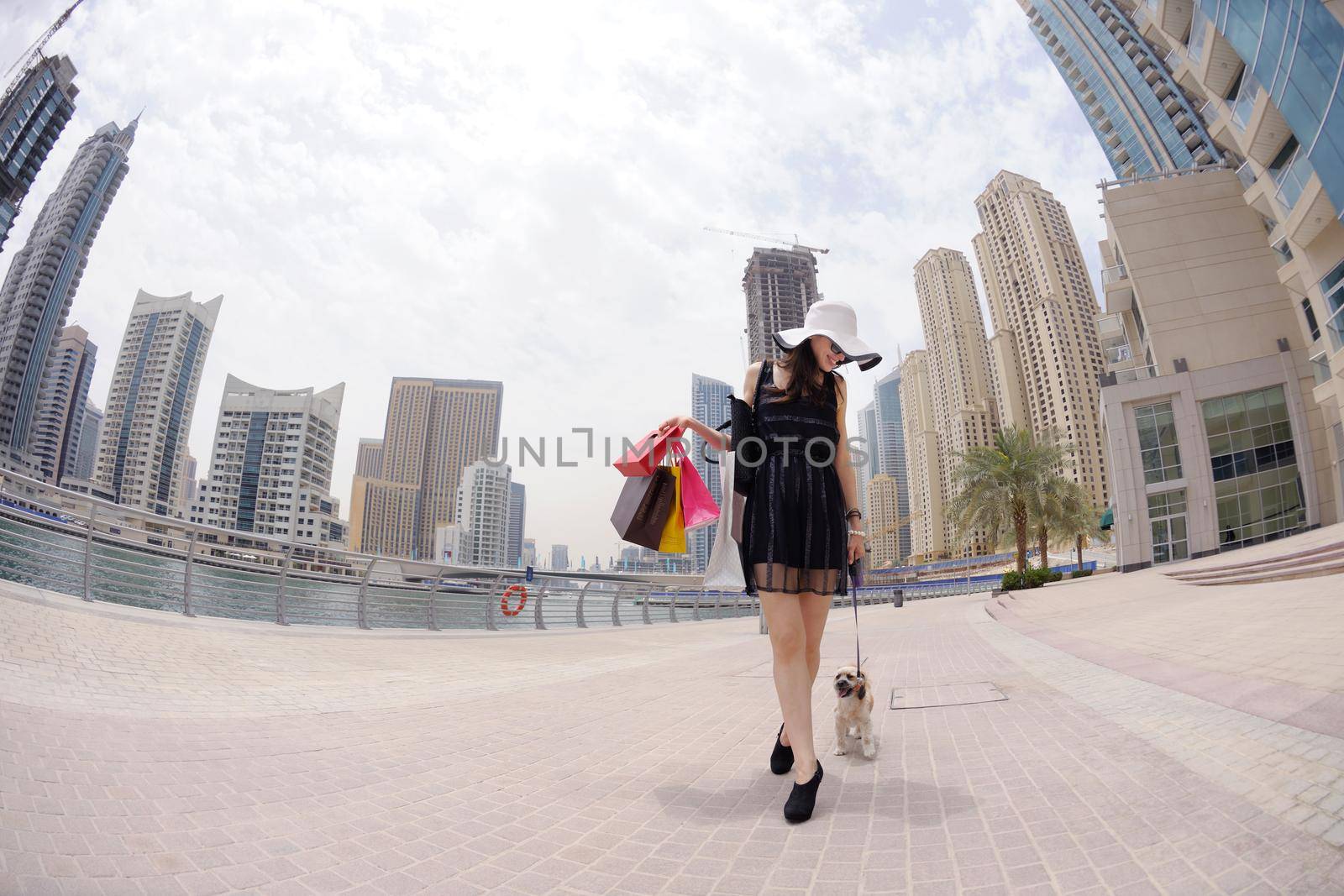 beautiful woman goes in shopping in the city