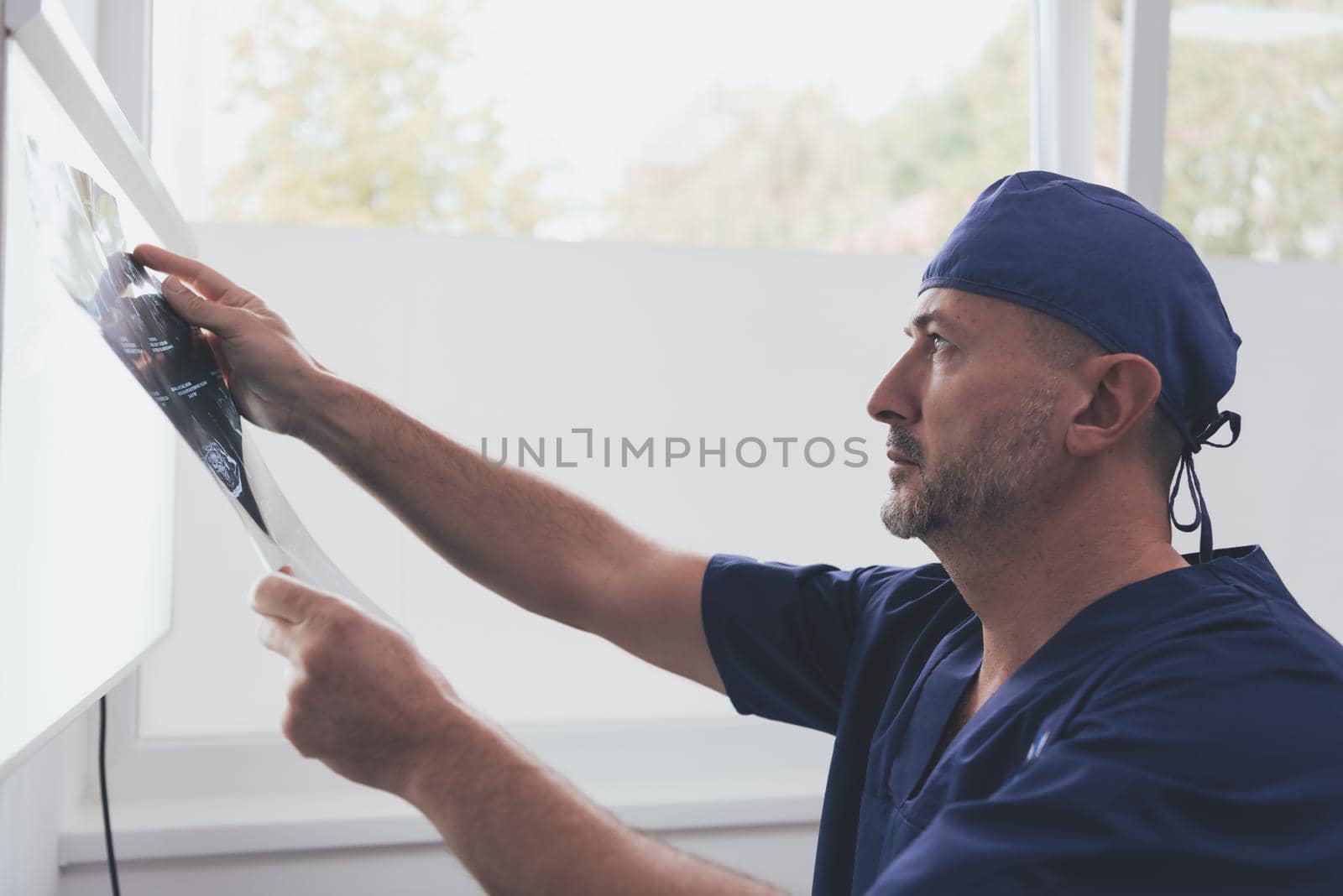 Orthopedist doctor examining X-ray picture at in hospital or clinic. High quality photo. Selective focus