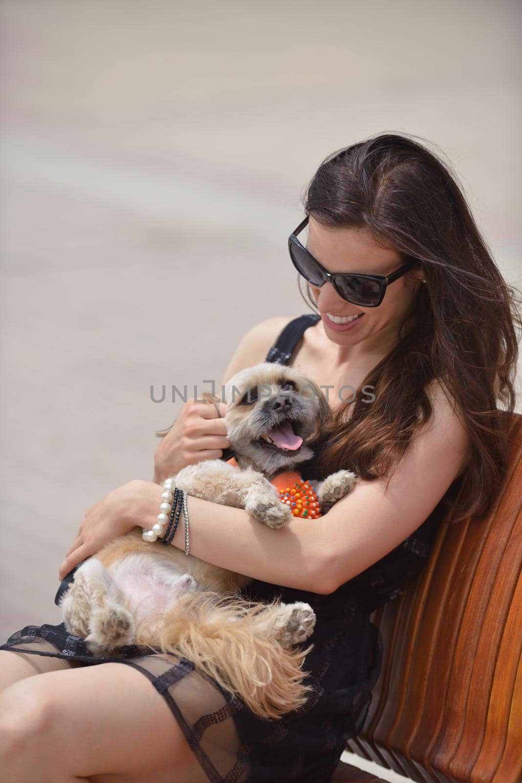 beautiful happy young  woman in black dress with cute small dog puppy have fun on street