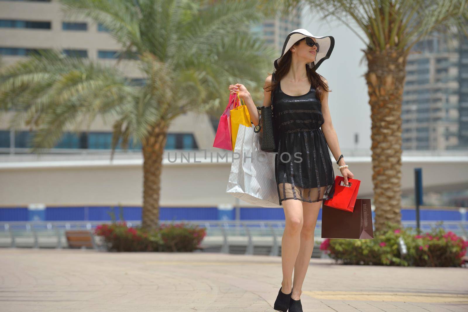 beautiful woman goes in shopping in the city