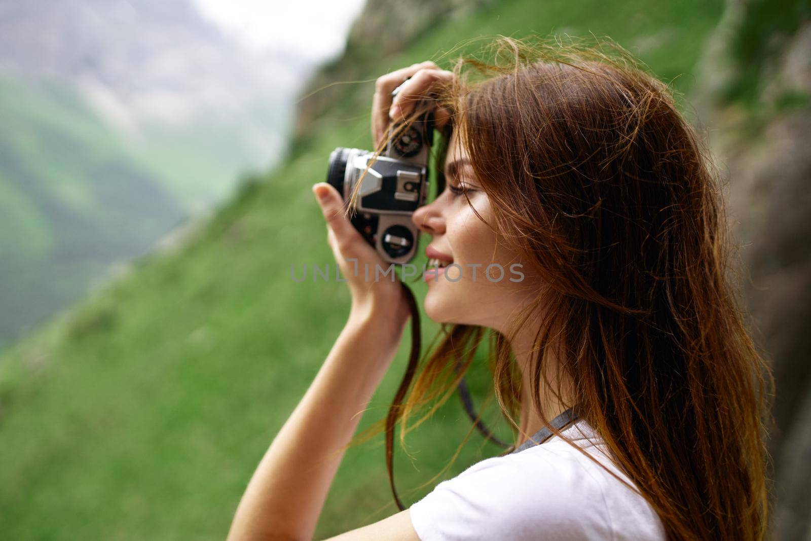 woman photographer outdoors travel lifestyle professional landscape. High quality photo