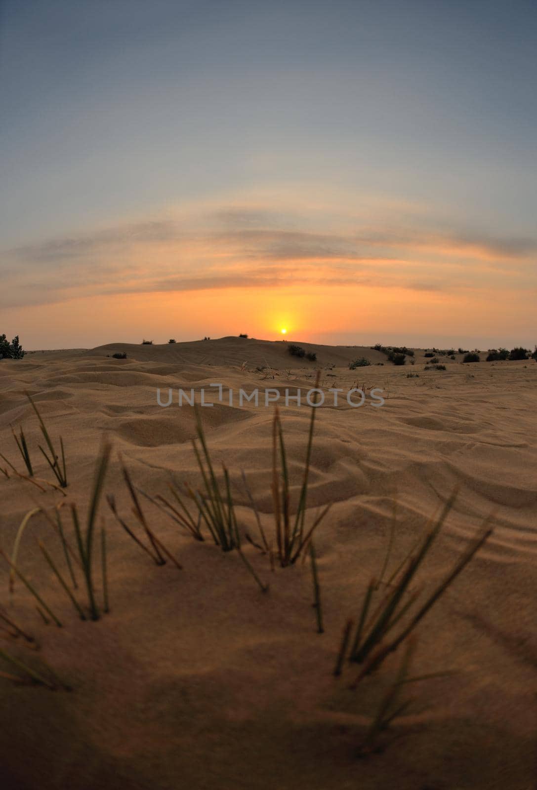 sunset with blue sky and clouds over sand dunes in sahara desert