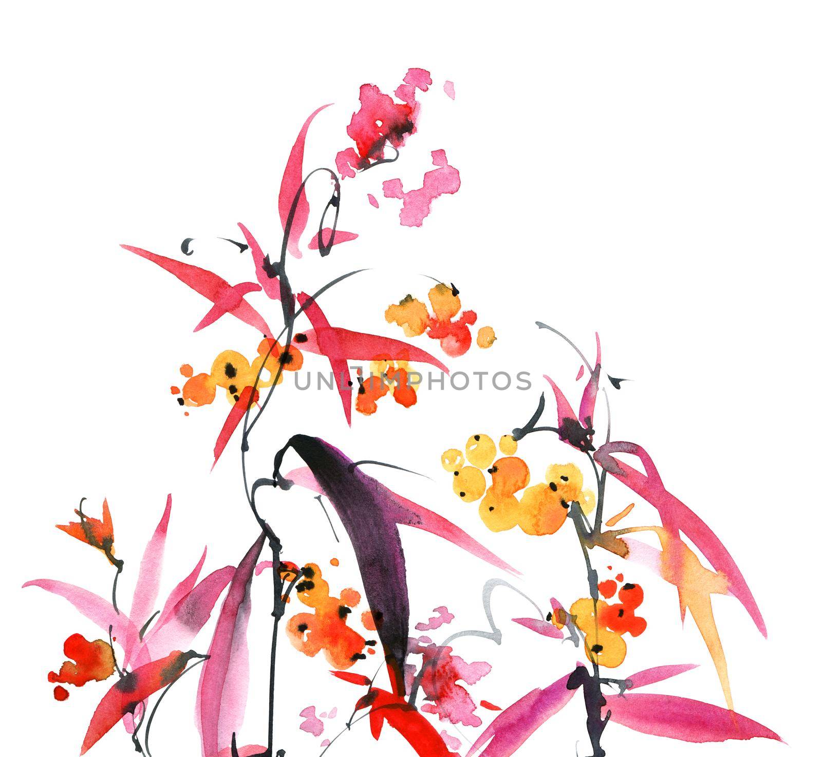 Watercolor and ink illustration - grassy plants with leaves, pink flowers, buds and berries. Sumi-e art.