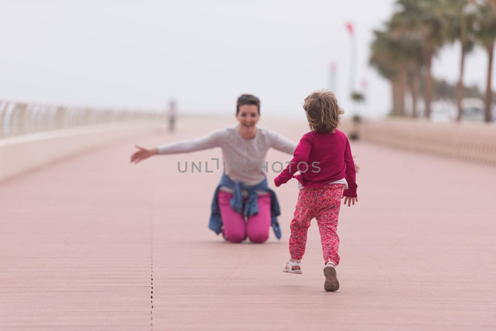 mother and cute little girl on the promenade by the sea by dotshock