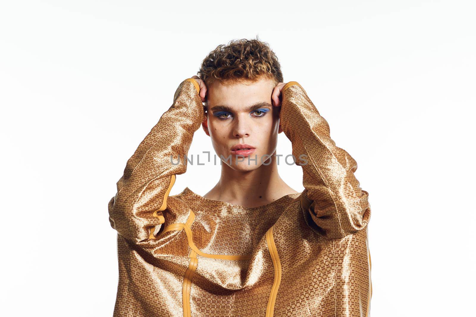 man with female makeup transgender posing fashion lgbt community. High quality photo