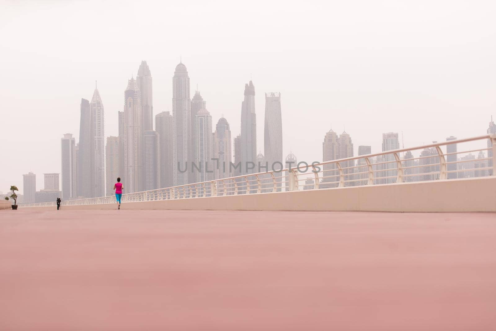 very active young beautiful woman busy running on the promenade along the ocean side with a big modern city in the background to keep up her fitness levels as much as possible