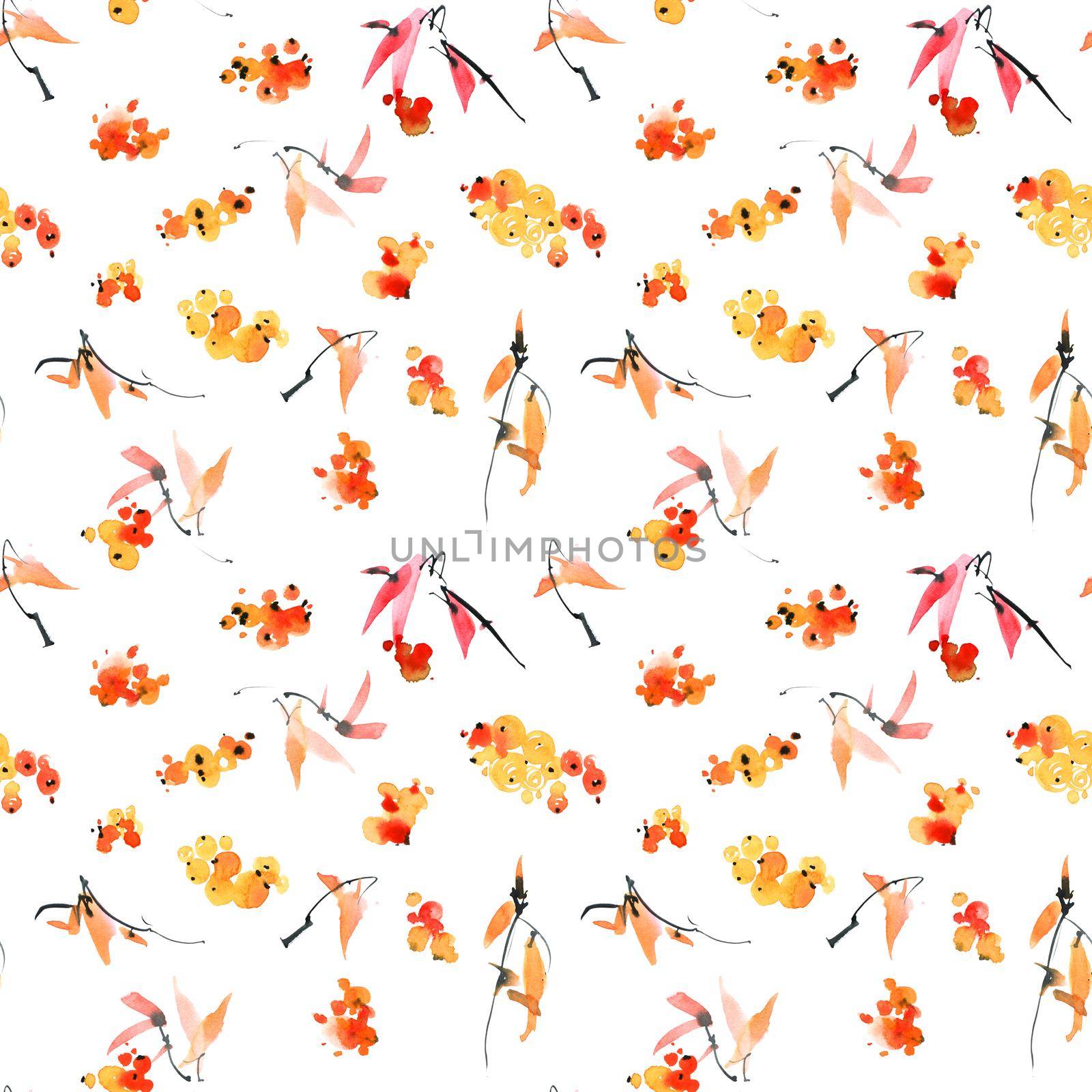 Watercolor seamless pattern - grassy plants with leaves and berries. Sumi-e art.