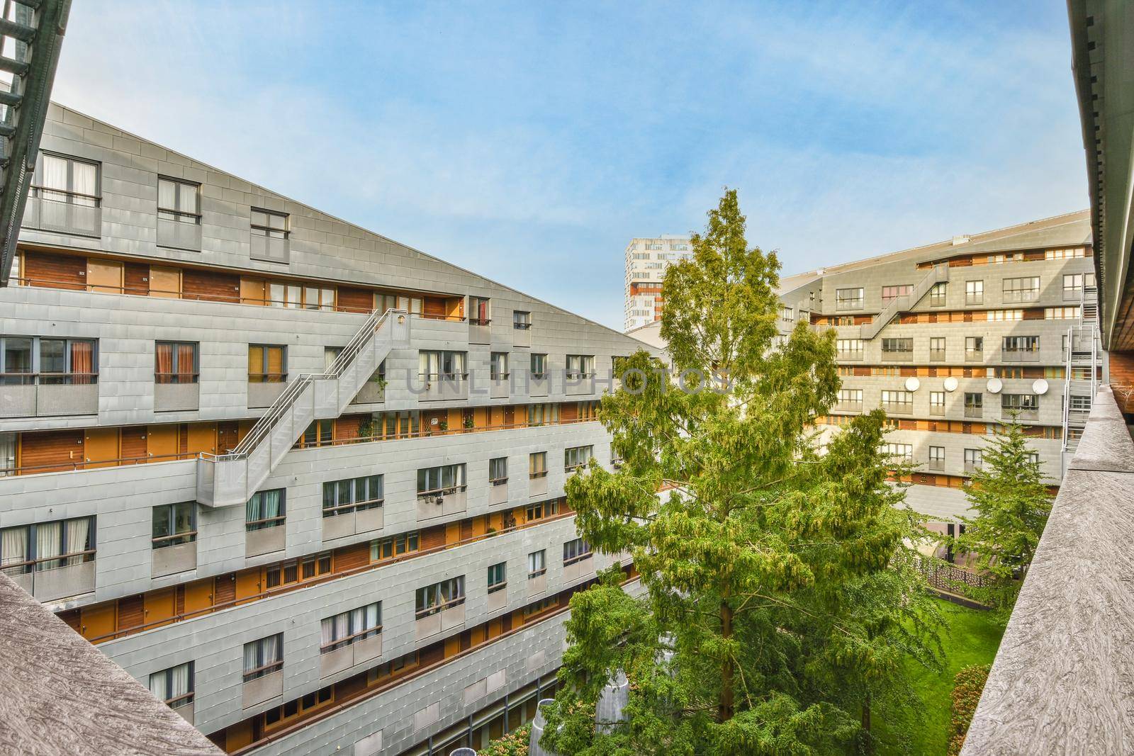 Beautiful view of the courtyard with trees of the architectural building