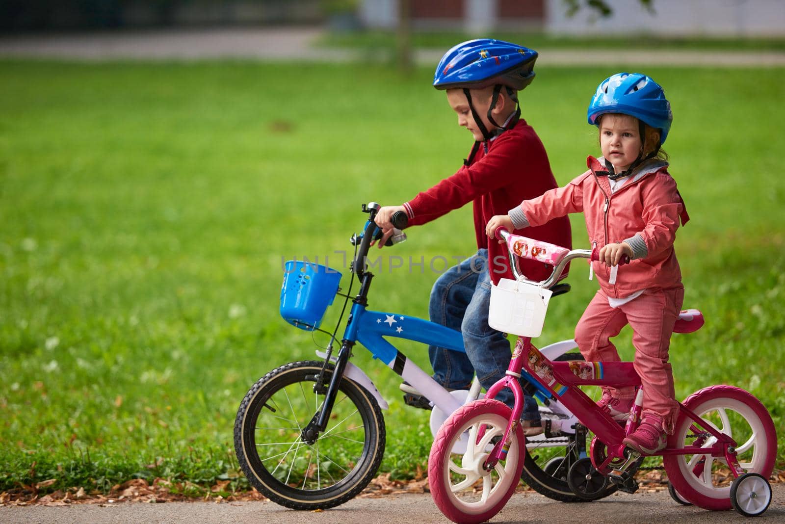 happy kids in park, boy and girl in nature with bicycle have fun