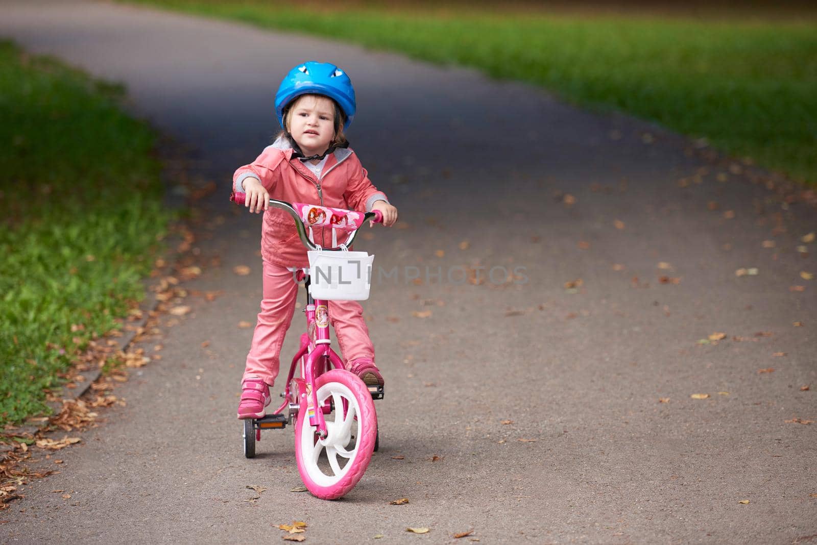 Cute smiling little girl with bicycle and helmet on road in the park