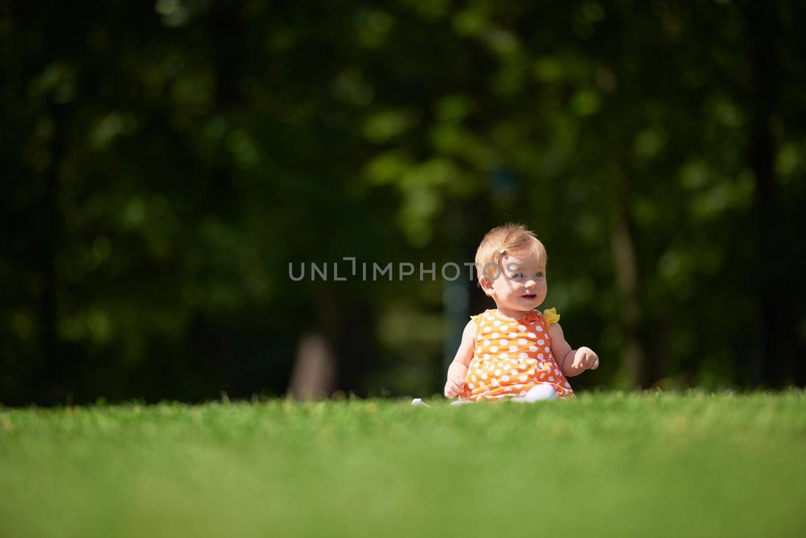 happy young baby child sittng on grass on beautiful summer day in park