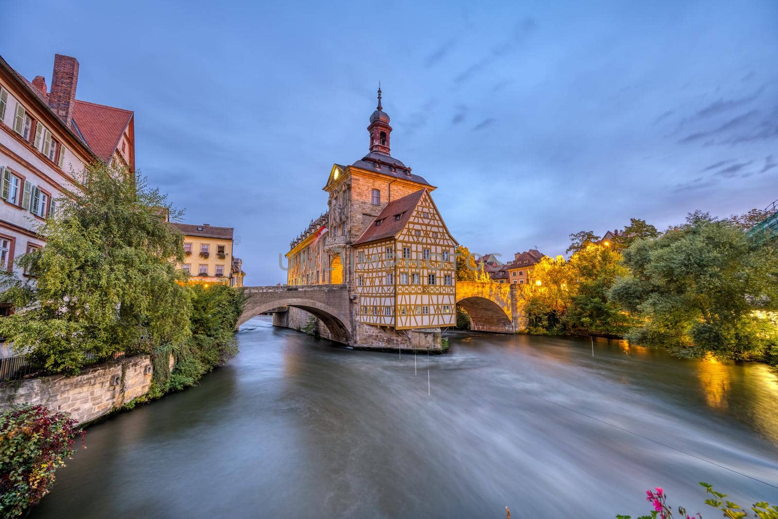 The famous Alte Rathaus in the beautiful city Bamberg in Bavaria, Germany, at dawn