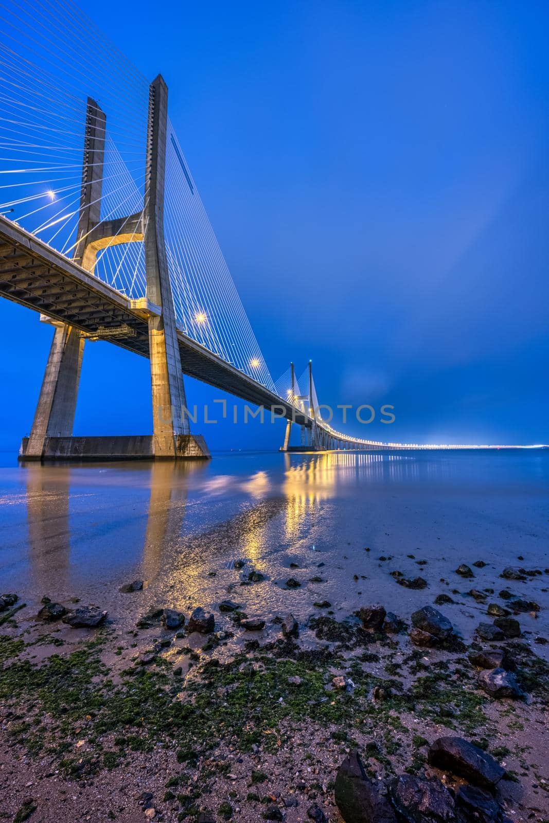 The imposing cable-stayed Vasco da Gama bridge across the river Tagus in Lisbon, Portugal, at dawn