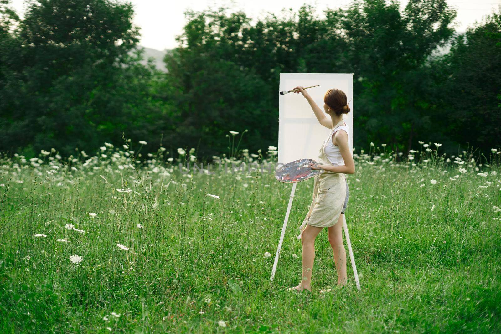 artist in nature painting a picture creative landscape back view. High quality photo