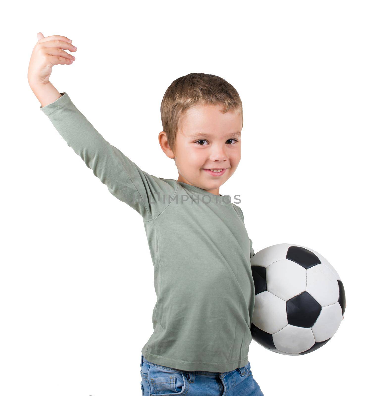 little boy with soccer ball isolated in white by aprilphoto