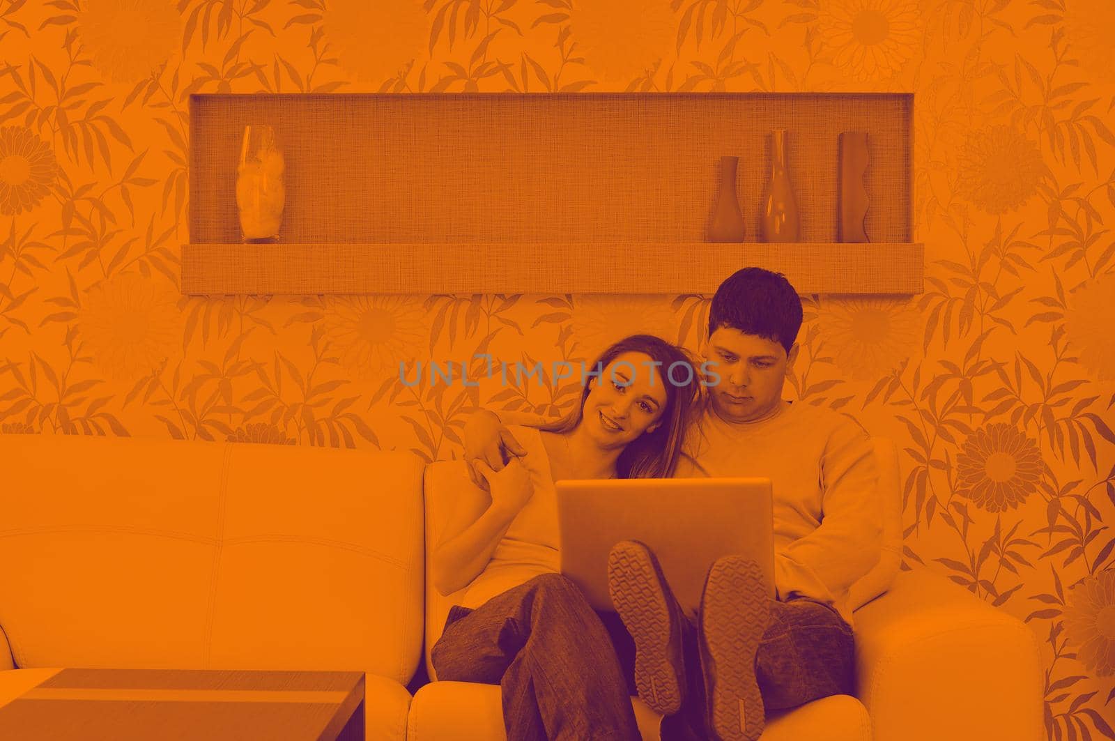 young couple at home with  modern livingroom indoor working on laptop on house finance and planing duo tone