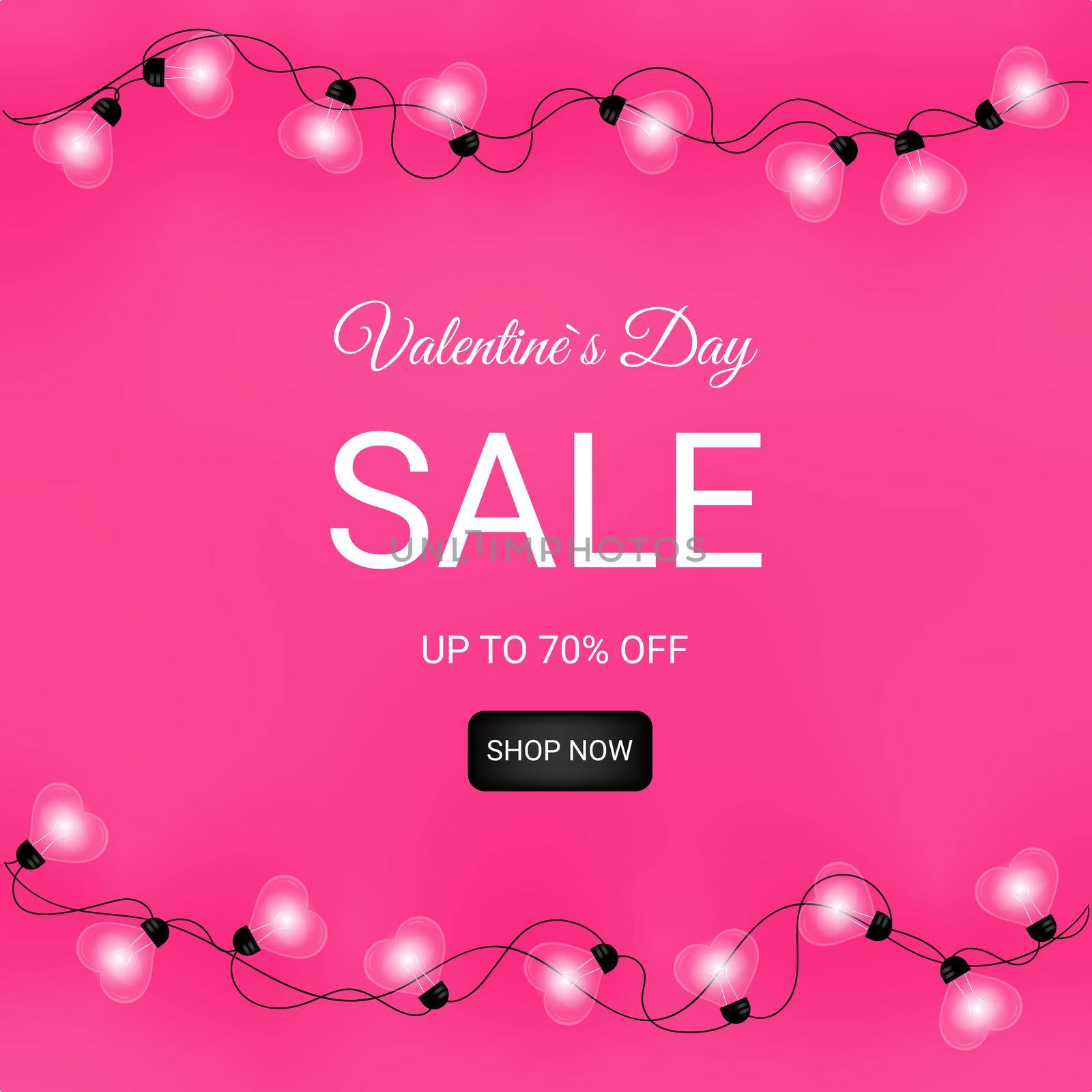 Valentine's Day Discount Festive Banner with Glowing Garlands with Heart Shaped Bulbs About Valentine's Day Sales Drawings in the shape of a heart and pink background color. High quality photo