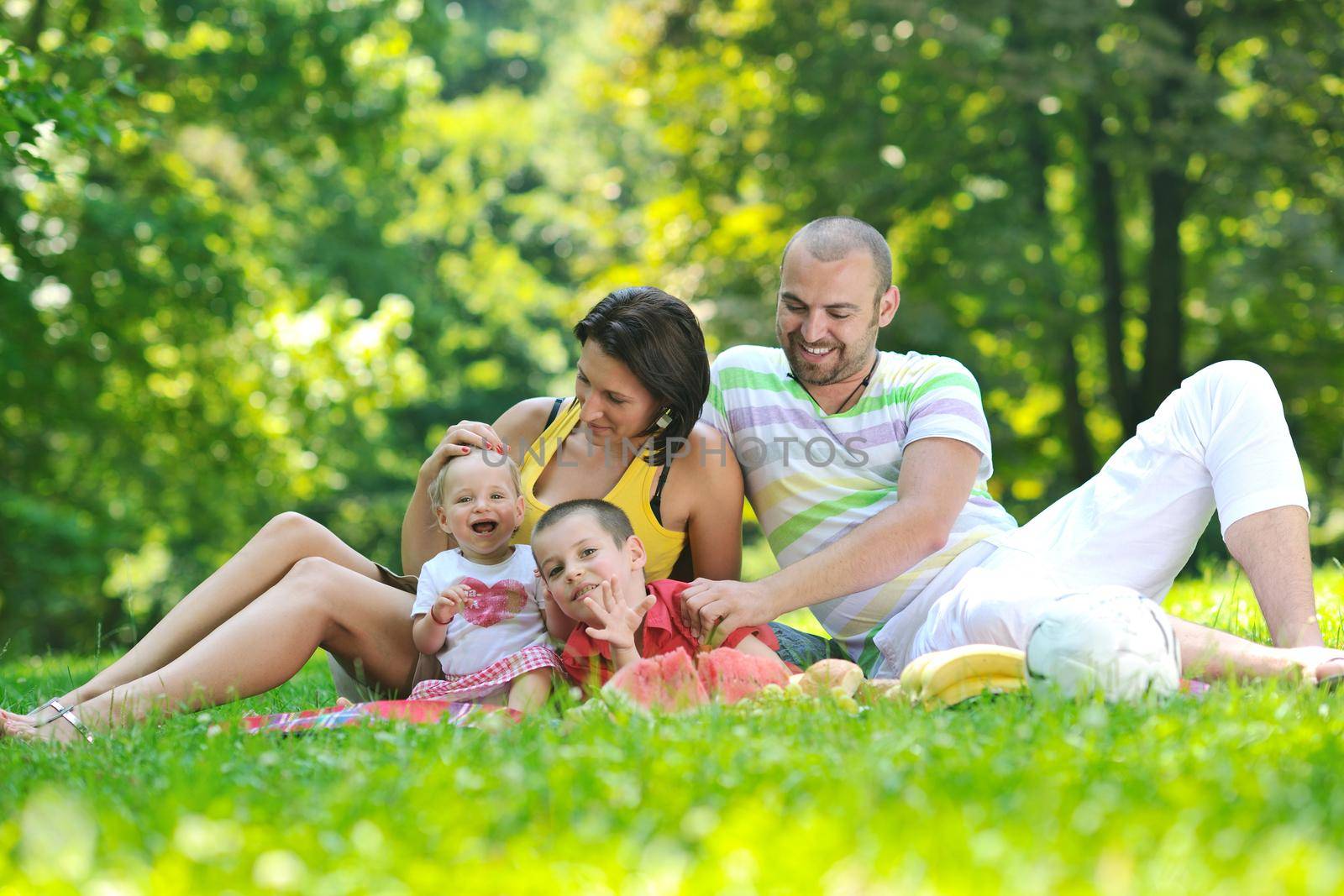 happy young couple with their children have fun at park by dotshock