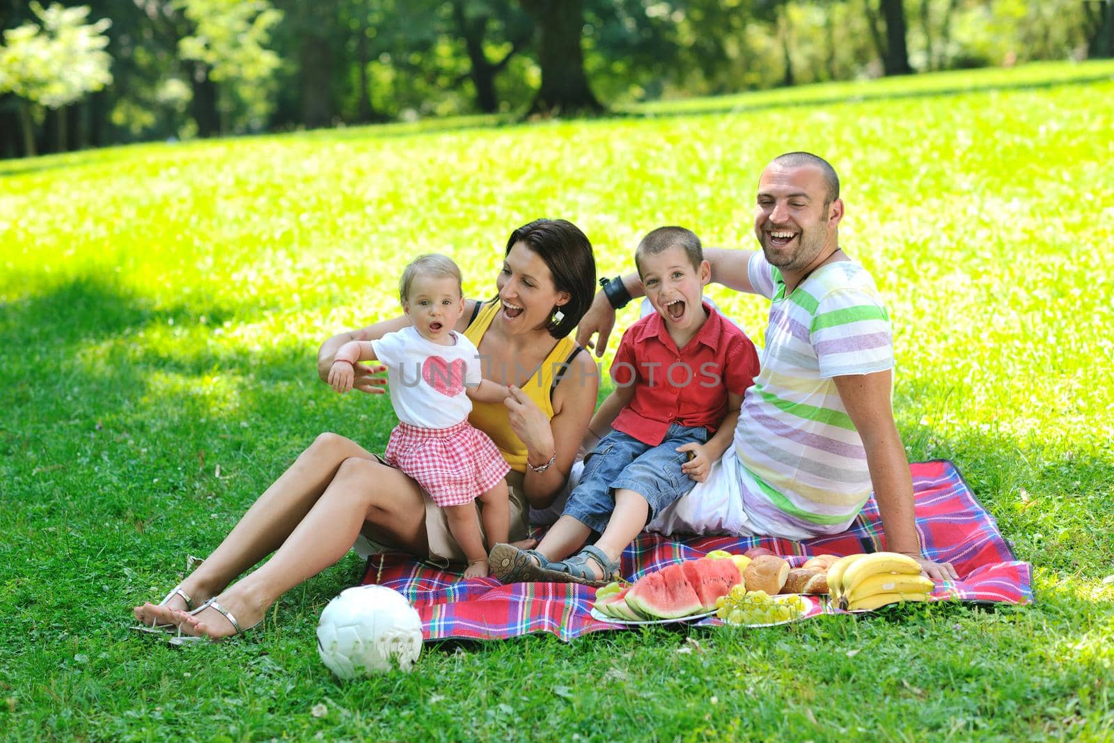 happy young couple with their children have fun at beautiful park outdoor in nature