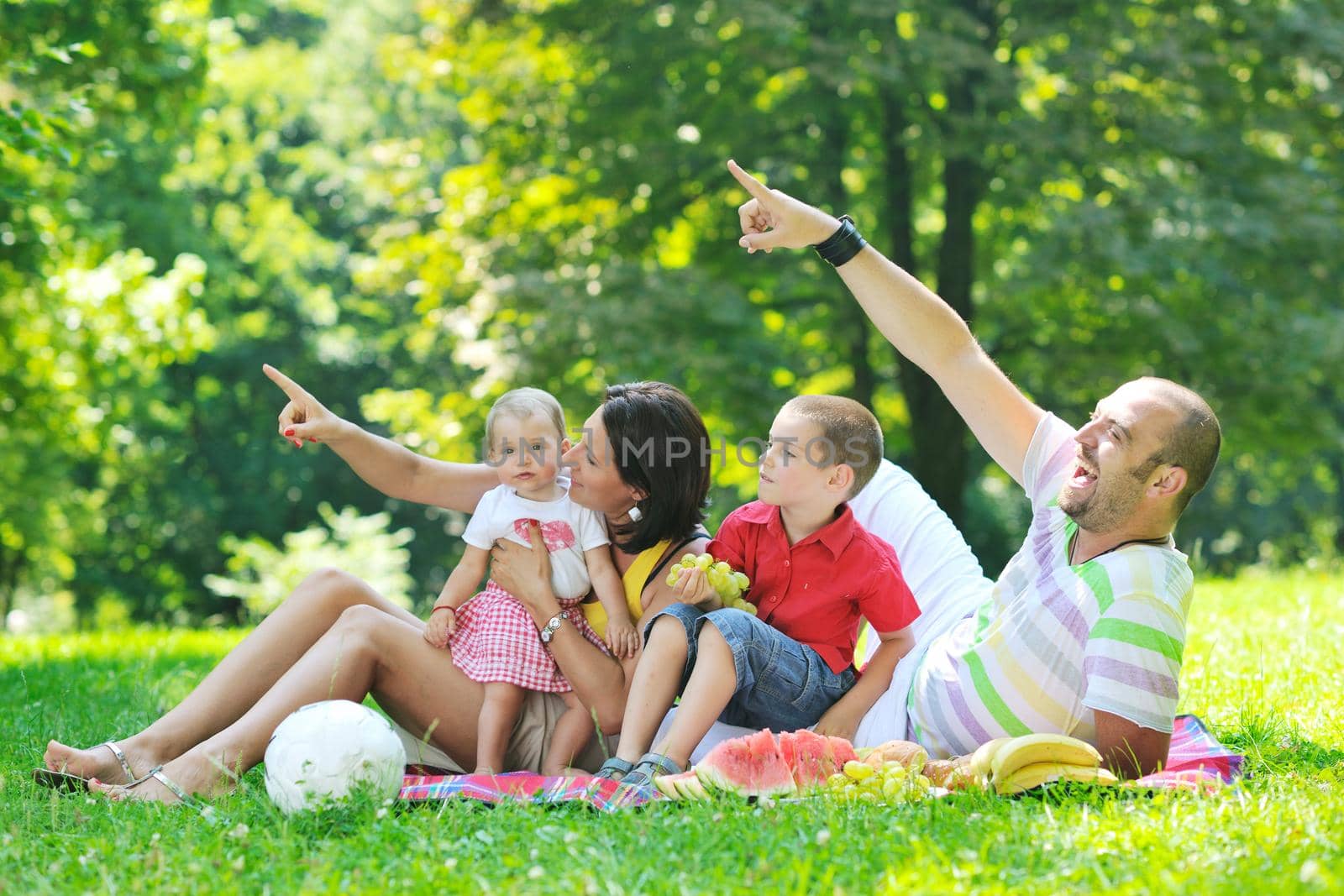 happy young couple with their children have fun at beautiful park outdoor in nature