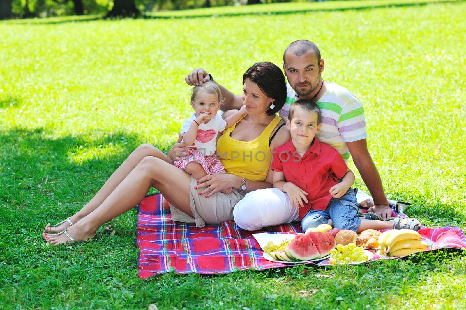 happy young couple with their children have fun at park by dotshock