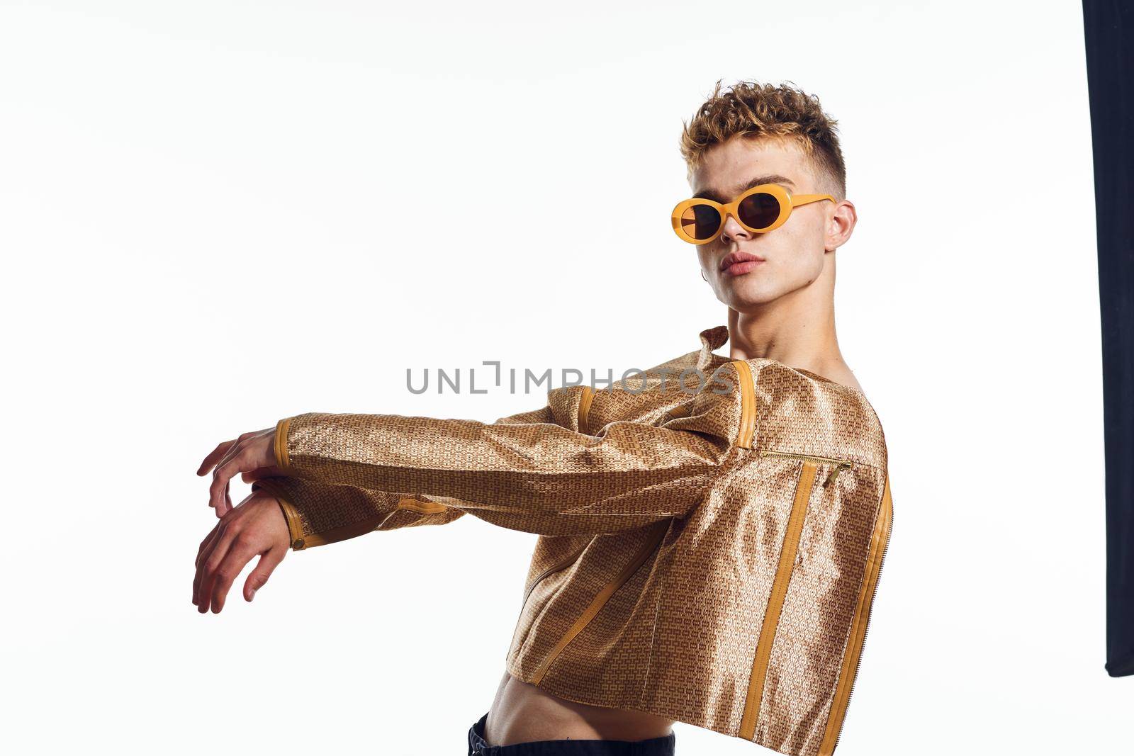 ethics man with female cosmetics transgender lgbt fashion posing. High quality photo