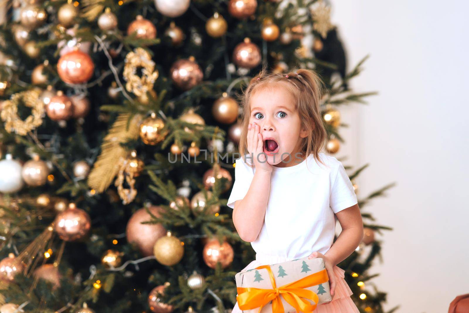 Very nice charming little girl holds a gift on a background of Christmas trees in the interior of the house