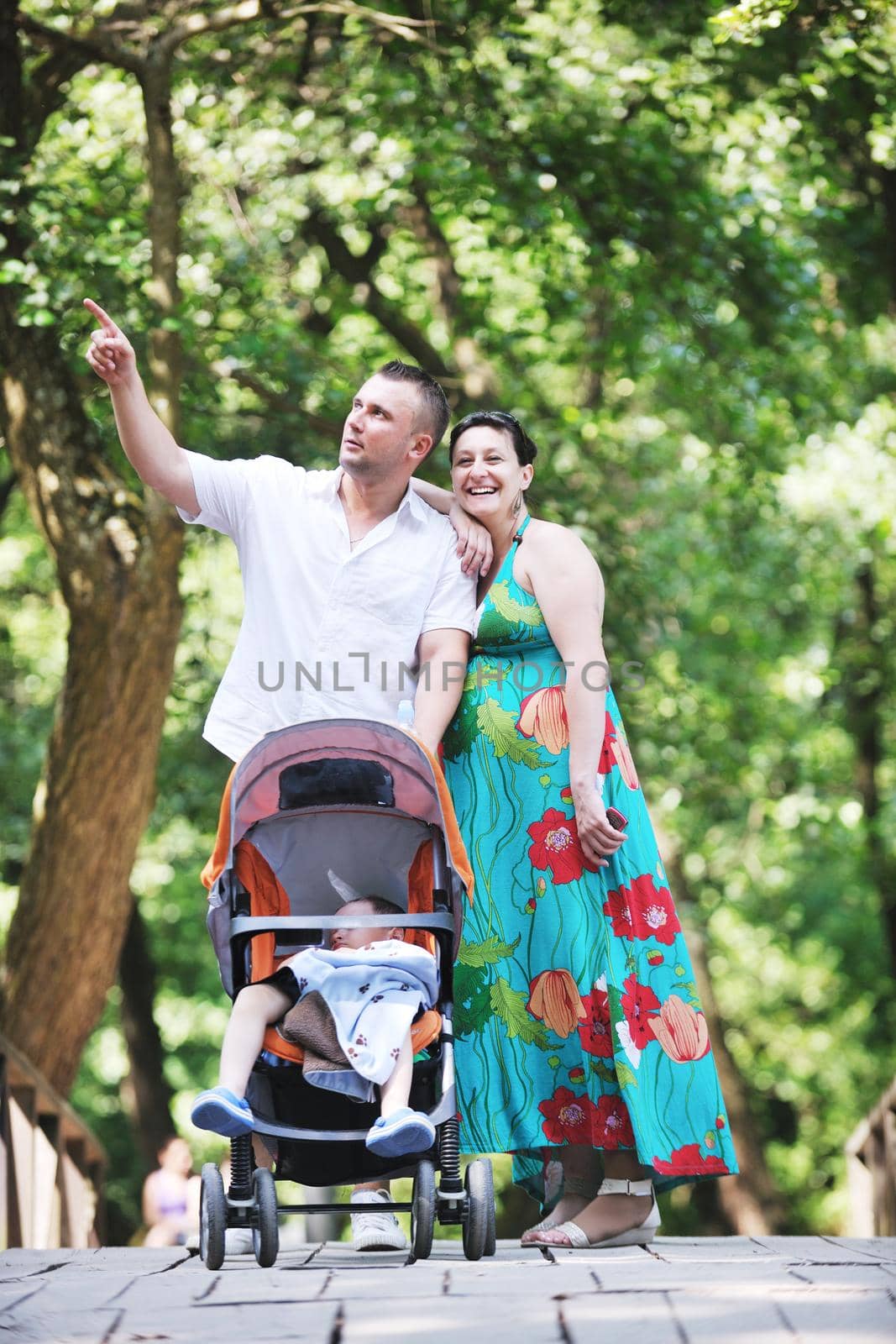 Happy young Family at park relaxing and have fun with pregnant woman